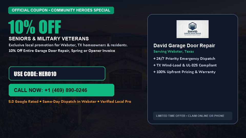 David Garage Door Repair 10% OFF Seniors & Military Veterans in Webster, TX